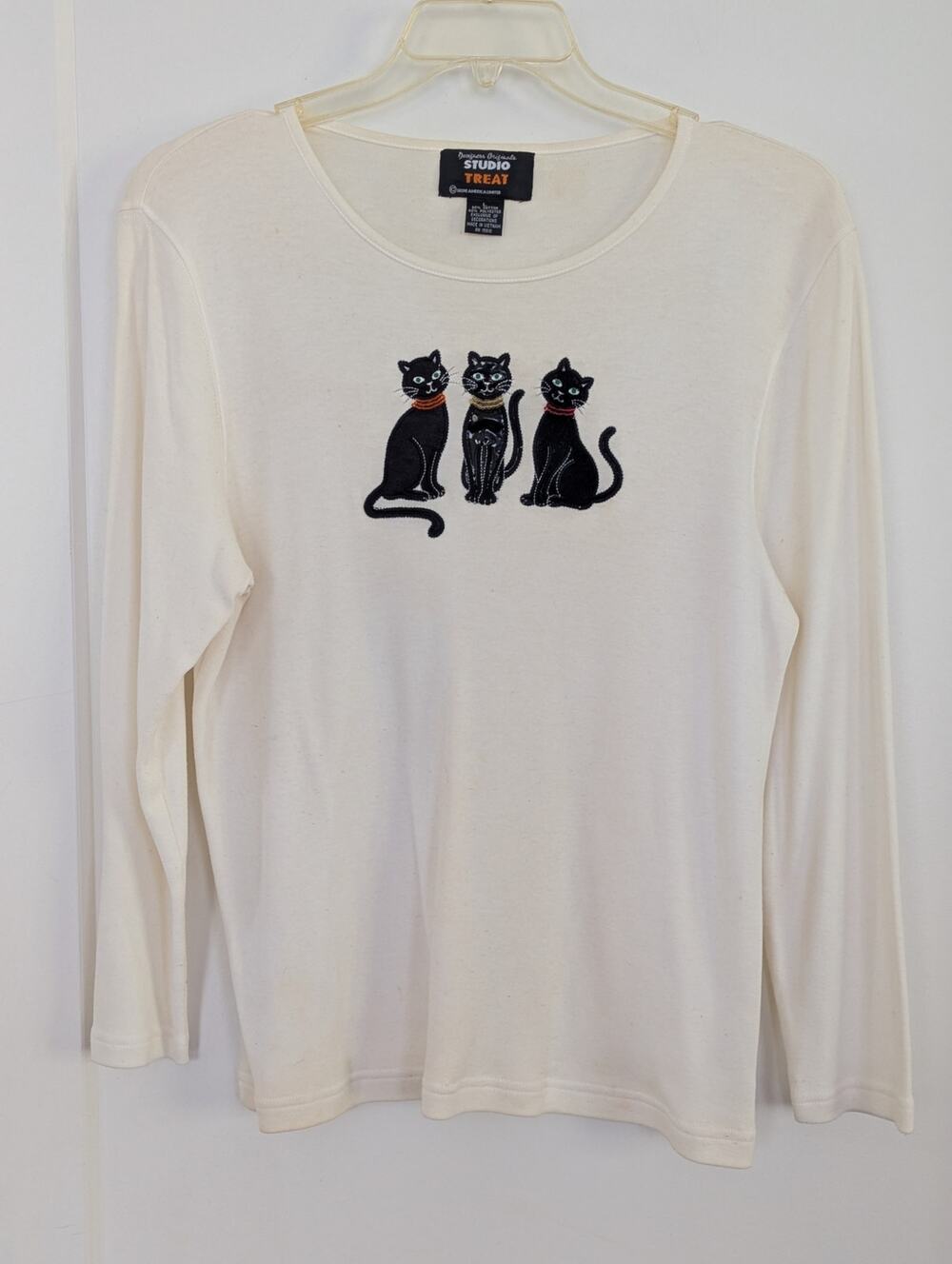 Vtg Designers Originals Studio Treat Womens L LS Top Shirt Black Cats